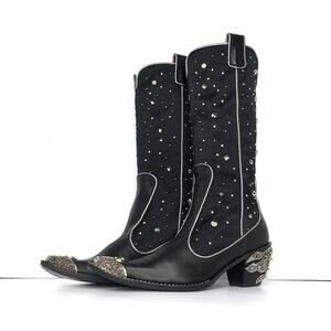 Giuseppe Zanotti Crystals Studded Pull On Western Cowgirl Heeled Boots 37.5